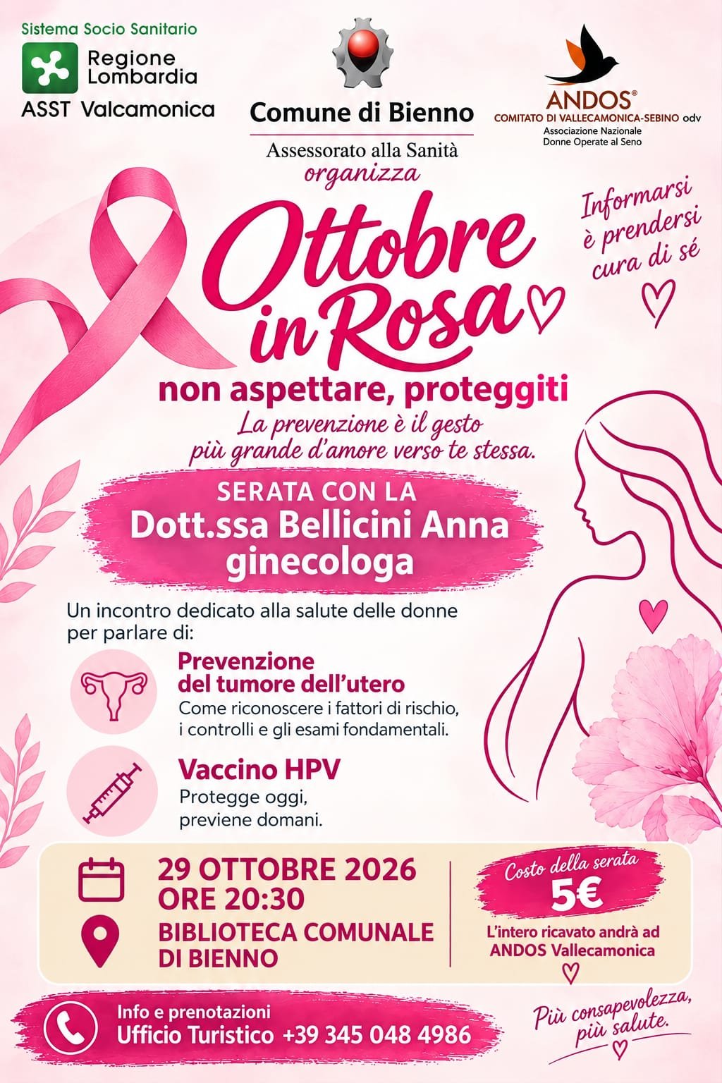 Locandina dell'iniziativa ottobre in rosa 2026 a Bienno per la prevenzione del tumore all'utero.